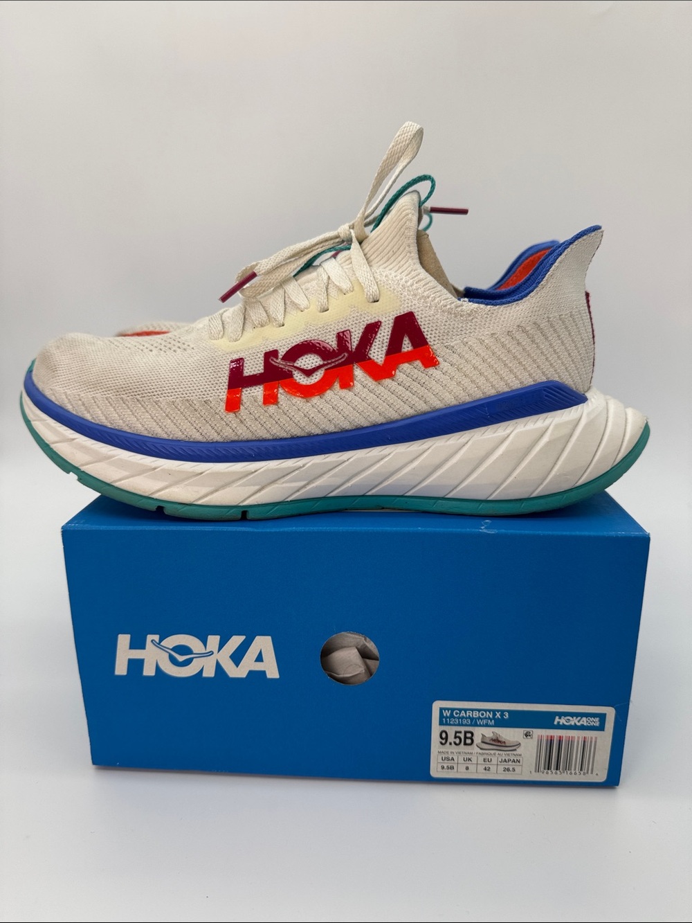 Hoka Women's Carbon X 3 White Teal Blue Red Athletic Running Shoes